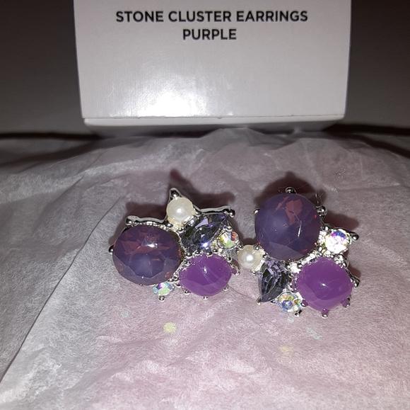 Avon Purple Stone Cluster Stud Silvertone Earrings - Picture 4 of 5